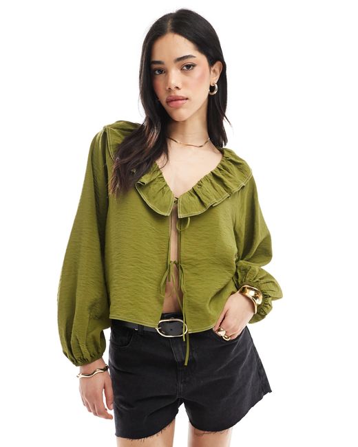ASOS Green Tie Front Ruffle Detail Smock Top