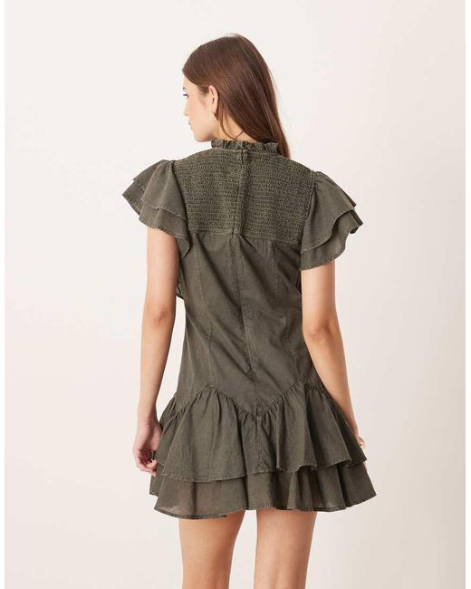 ASOS Natural High Neck Ruffle Mini Dress With Shirring
