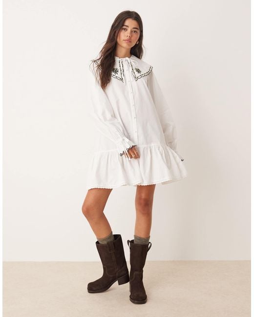 Miss Selfridge Women's Natural Embroidered Collar Mini Dress