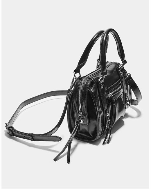Stradivarius Black Faux Leather Crossbody Bowling Bag