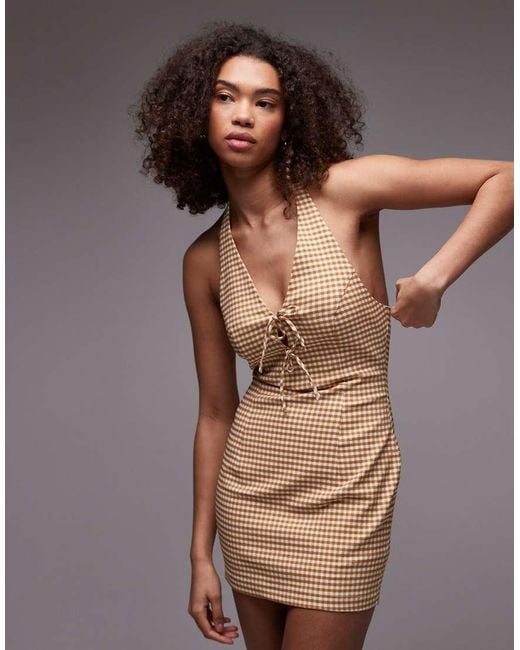 emory park Brown Gingham Halter Mini Dress