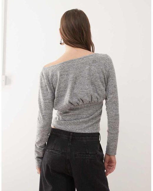 Collusion Gray Deep Hem Slash Neck Long Sleeve Top