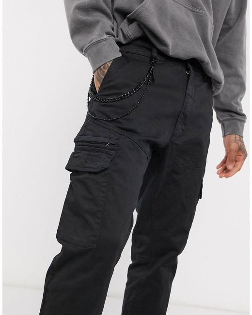 Pull&Bear wide leg cargo trousers in black