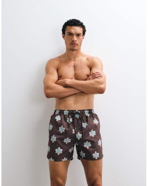 South Beach Brown Flower Motif Swim Shorts for men