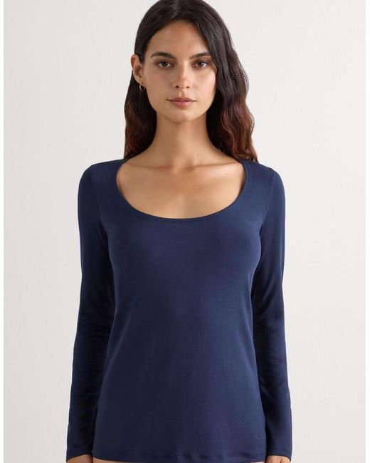 Intimissimi Blue Long-Sleeve Micromodal Scoop Neck Top
