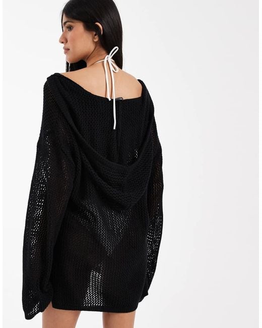 ASOS Black Rocky Knit Beach Chuck On Hooded Dress