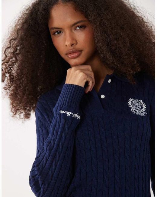 Polo Ralph Lauren Blue Wimbledon Capsule Cotton Cable Knit Polo With Crest Embroidery