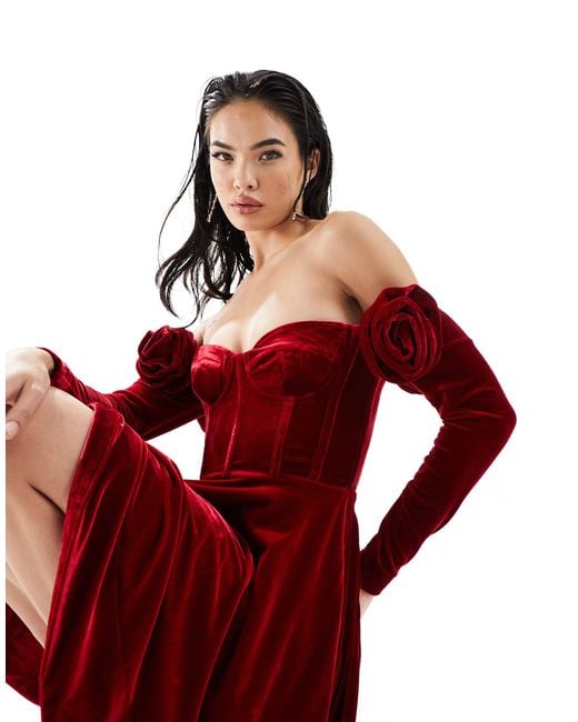 Bardot Red Off Shoulder Velour Mini Dress