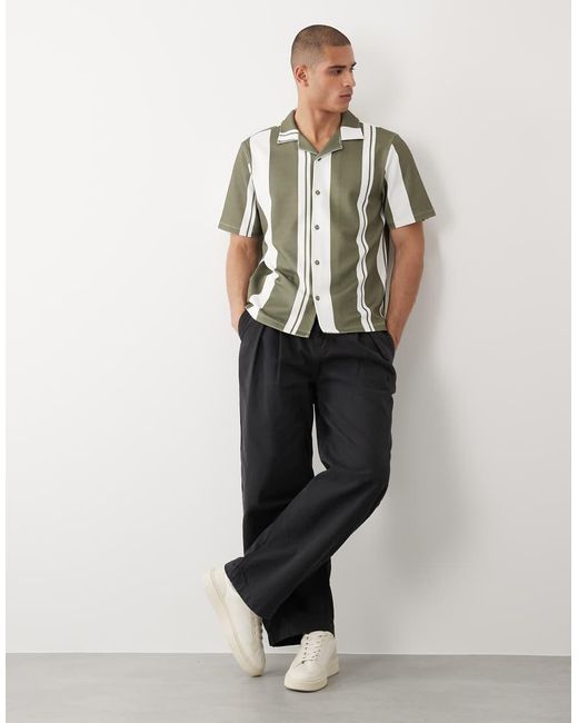 River Island Green Short Sleeve Stripe Revere Shirt for men