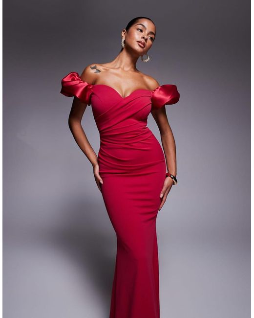 Goddiva Red Puffy Satin Sleeve Maxi Dress