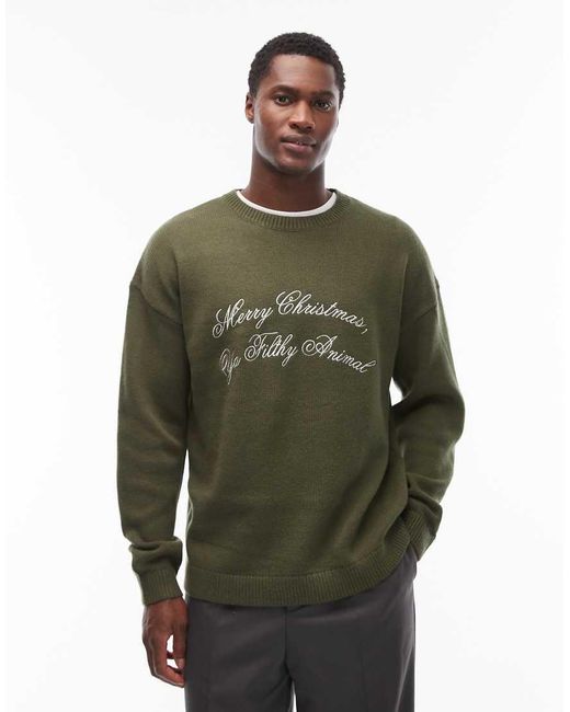 ASOS Green Relaxed Knitted Christmas Jumper With Merry Christmas Ya Filthy Animal Slogan for men