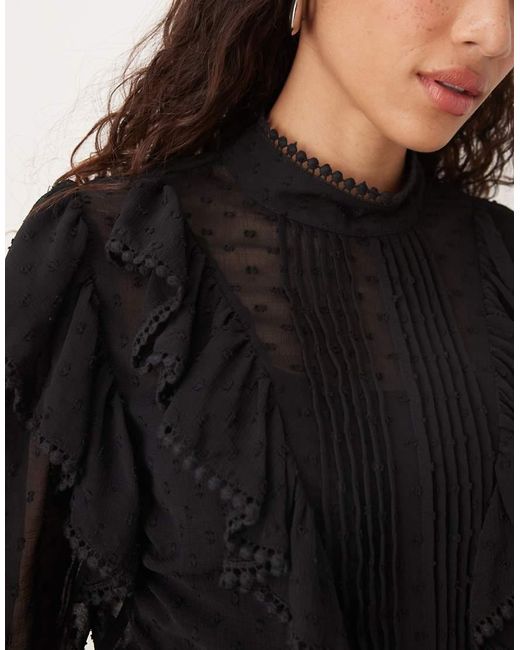 ASOS Black Ruffle And Embroidery Detail Long Sleeve Blouse