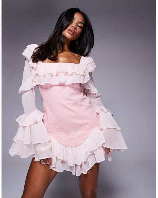 ASOS Pink Denim Corset Mini Dress With Chiffon Sleeves And Hem
