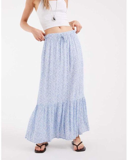 Pieces Blue Tie Waist Tiered Maxi Skirt