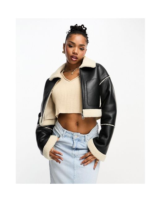 Pull&Bear Blue Faux Leather Cropped Shearling Detail Jacket