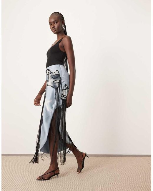 ARRANGE Natural Linear Floral Fringe Asymmetric Midi Skirt