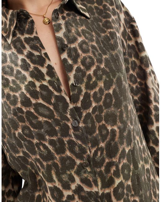 ASOS Multicolor – locker geschnittene hemdbluse aus leinenmix mit leopardenmuster