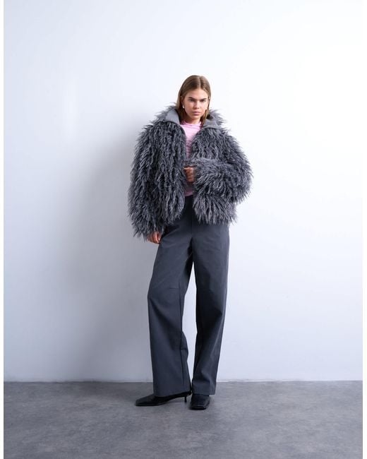 TOPSHOP Blue – bomberjacke aus zotteligem kunstpelz