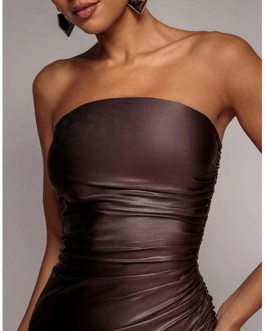Goddiva Brown Bandeau Faux Leather Midi Dress