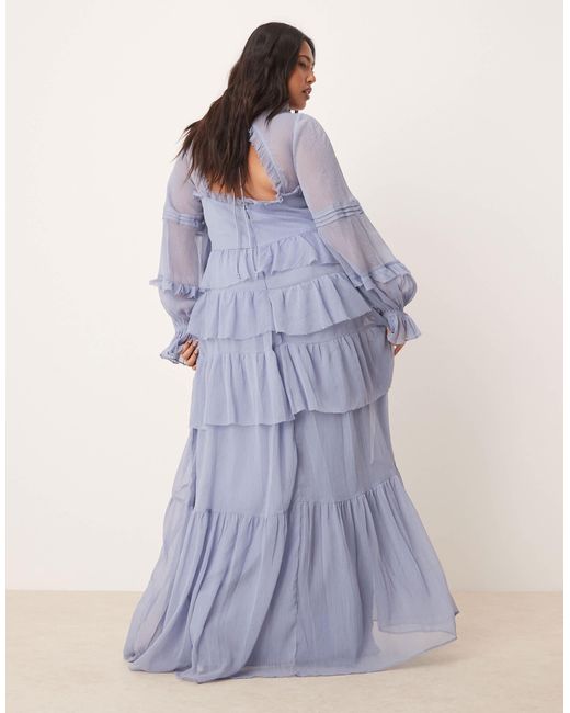 ASOS Blue Asos Design Curve V Front Tiered Ruffle Maxi Dress With Hi Low Hem And Pin Tucks