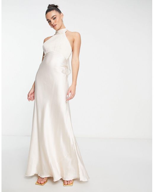 ASOS Natural Bridesmaid Soft Pleated Halter Maxi Dress With Satin Skirt