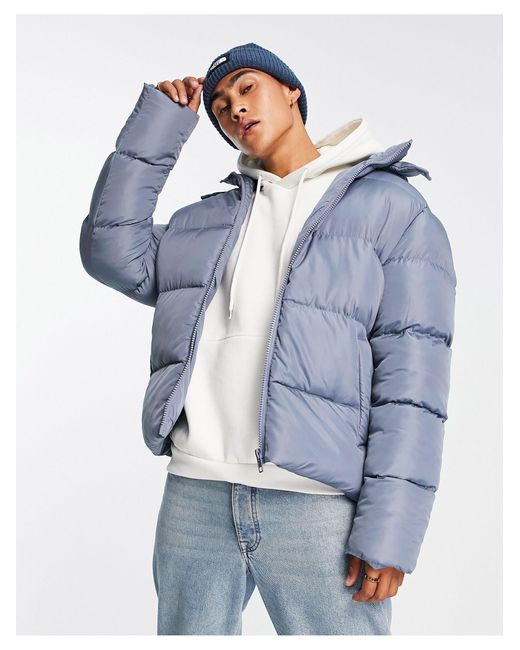 ASOS Synthetic Puffer Jacket With Removable Hood in Blue for Men Lyst