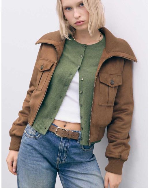 Stradivarius Green Contrast Ribbed Cropped Jacket