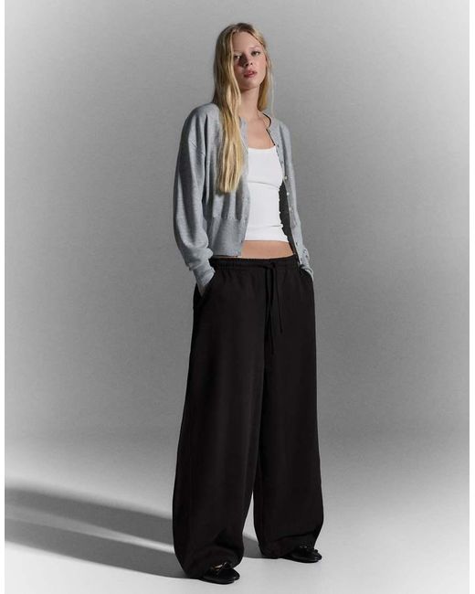 Bershka Black Barrel Plush Trousers With Stoppers