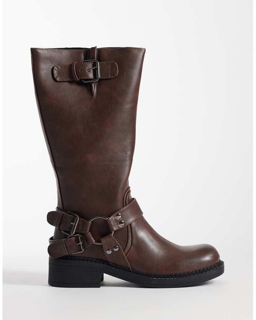 Glamorous Natural Harness Biker Knee Boots
