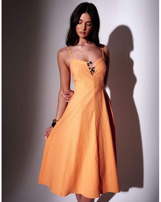 South Beach Orange Linen Blend Midi Dress With Bead Detail