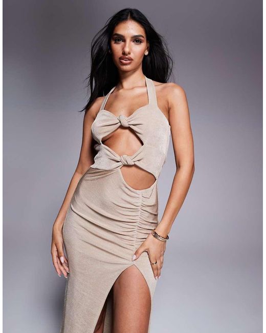 Aria Cove Asymmetrische Maxi-Jurk Met Halternek, Knopen, Uitsnijdingen En Split in het Gray