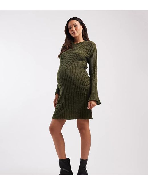 Mama.licious Green Mamalicious Maternity Soft Knitted Rib Bell Sleeve Mini Dress
