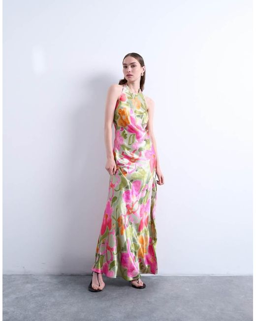 Vestido Midi De Cuello Halter Con Estampado Floral Y Diseño De Capas En Contraste De TOPSHOP de color White
