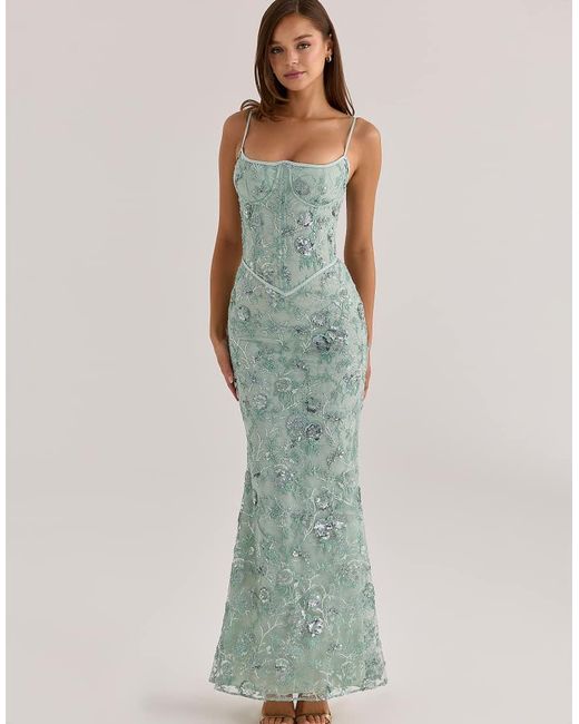 House Of Cb Green Naima Jade Hand Beaded Embellished Corset Maxi Dress