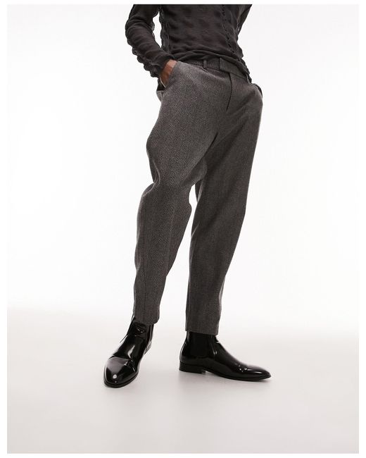 Topman Premium - Limited Edition - Rechte Pantalon Van Wolmix Met Visgraatmotief in het Black voor heren