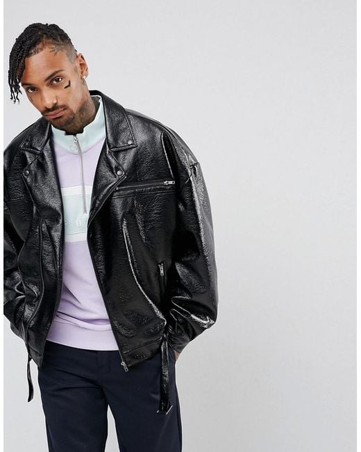 ASOS Oversized Faux Leather Biker Jacket In Black for men