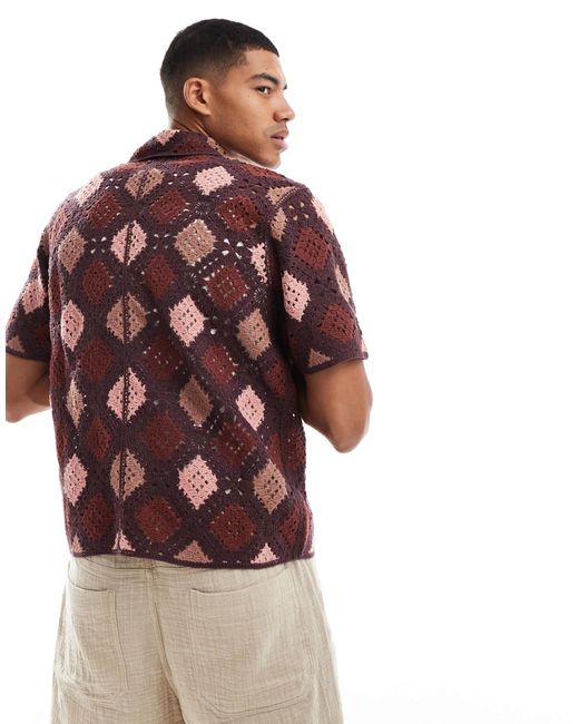 Abercrombie & Fitch Brown Pattern Crochet Knit Button Up Polo for men