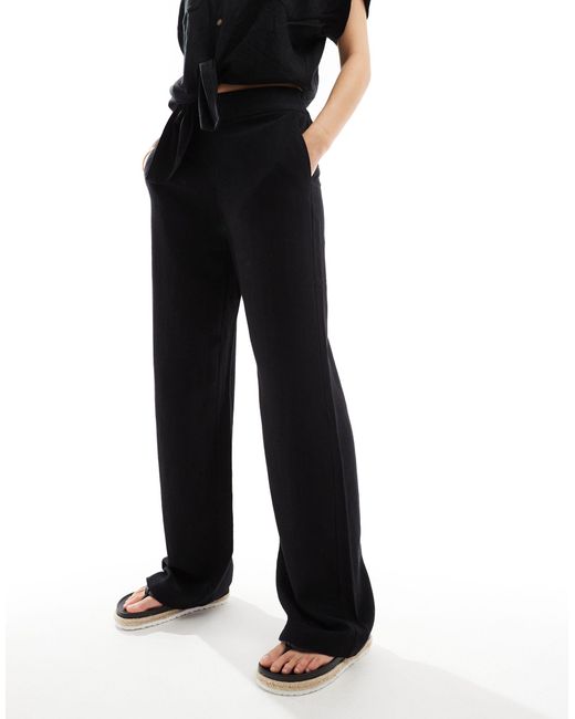 Pantalon large d'ensemble aspect lin Pieces en coloris Black