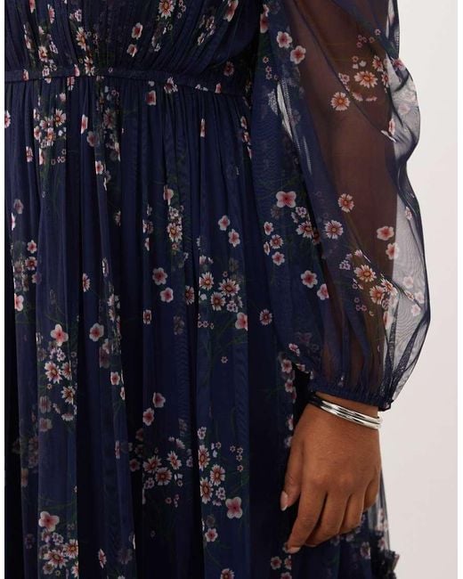 Lace & Beads Plus Blue Tulle Sheer Balloon Sleeve Tie Waist Tiered Maxi Dress