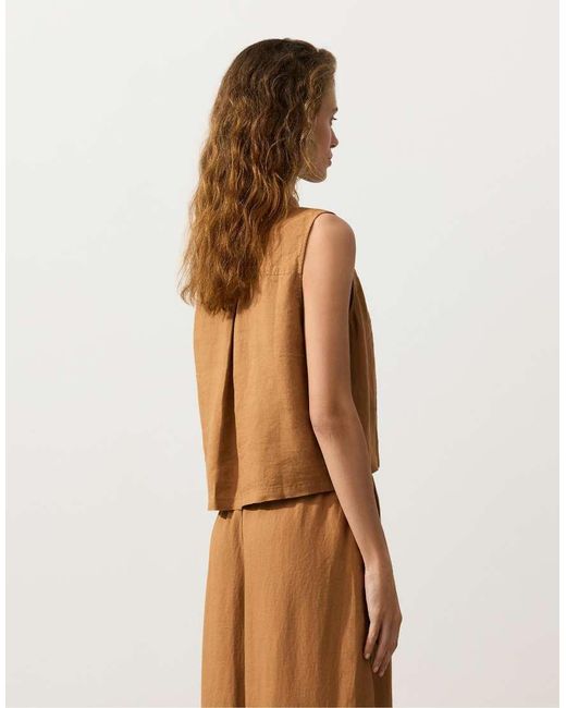 Oysho Brown 100% Linen Sleeveless Cropped Shirt