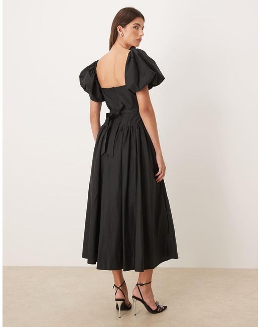 Sister Jane Black Dream Bright Intentions Cotton Blend Puff Sleeve Midi Dress