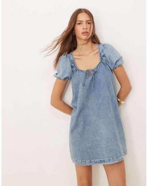 ASOS Blue Denim Mini Dress With Puff Sleeve And Tie Detail