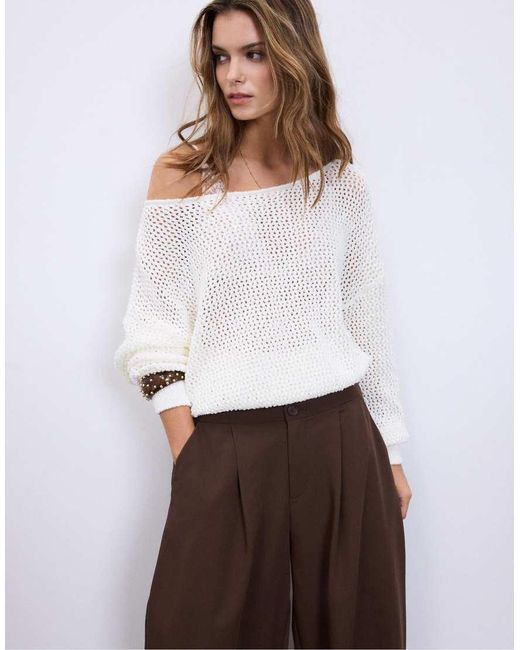 Stradivarius White Open Knit Boat Neck Jumper
