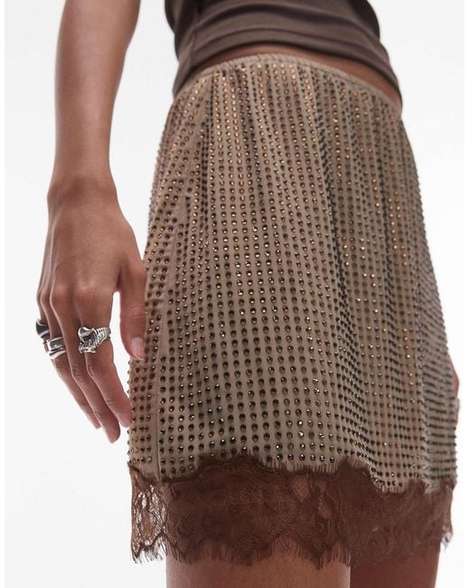 TOPSHOP Brown Hot Fix Embellished Mini Skirt With Lace Trim