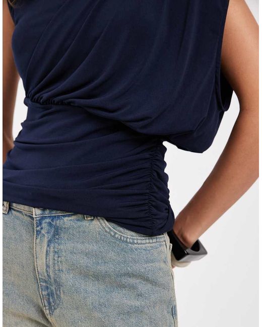 Object Blue Draped Shoulder Top With Ruched Detailing