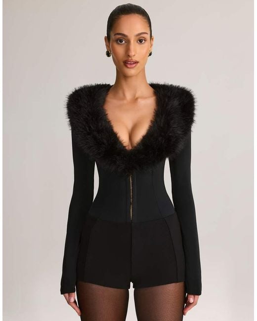 Oh Polly Black Lace Faux Fur Trim Long Sleeve Mini Short Playsuit