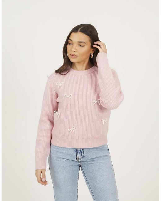 Brave Soul Pink Crew Neck Jumper With Jewel Bow Detail