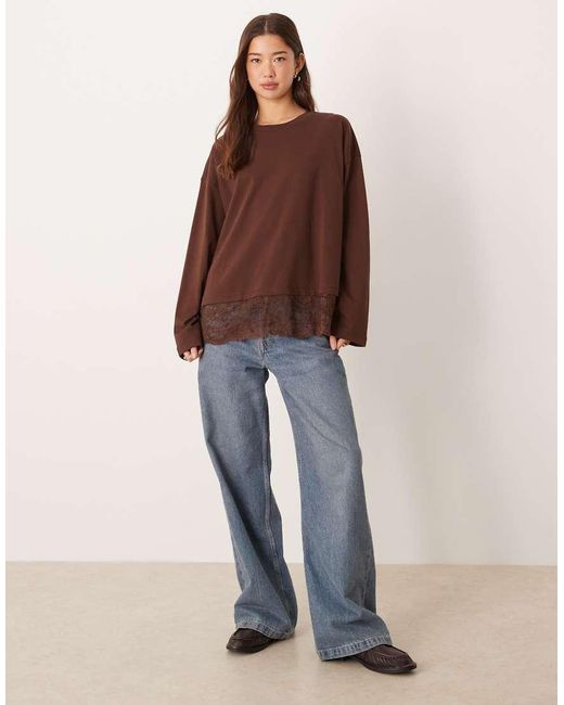 ASOS Brown Long Sleeve Top With Lace Trim Hem Detail