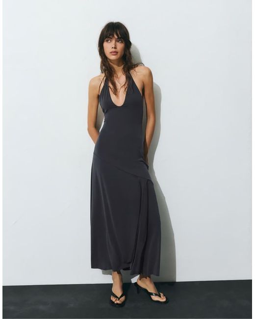Pull&Bear Black Long Cupro Halter Dress