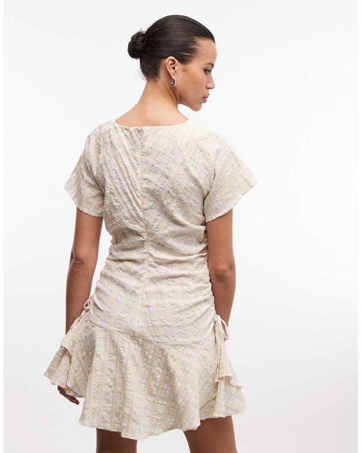 ASOS White Short Sleeve Mini Dress With Ruching Tie Waist Detail
